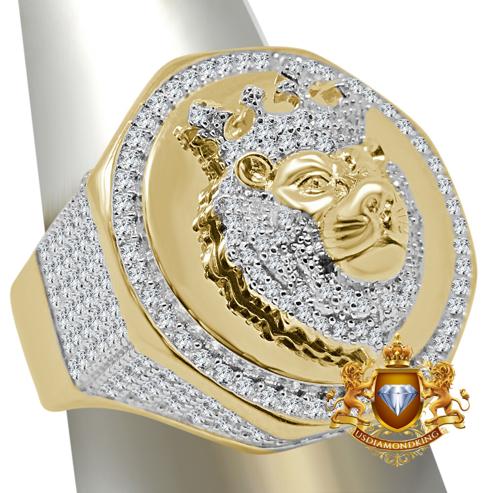 Men's Big Bold 22mm Real Yellow Gold Sterling Silver Lion Head Crown Ring Band