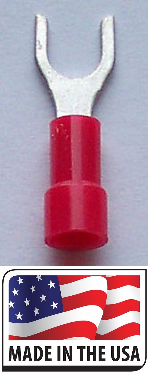 (100) RED 22-18 GAUGE VINYL ISPADE FORK WIRE CONNECTORS #6 STUD MADE IN USA