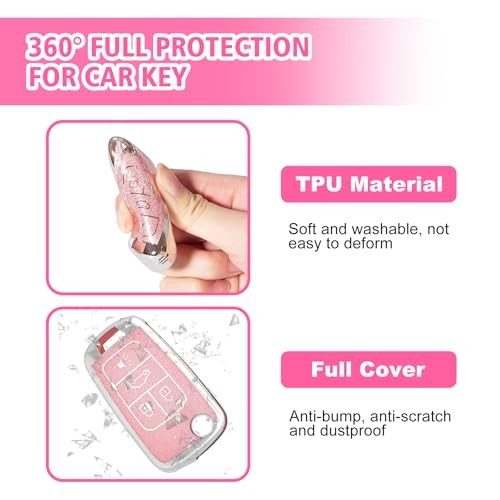 Key Fob Cover with Bling Keychain Fit for Chevy Flip Key, Car 4 Buttons S-pink