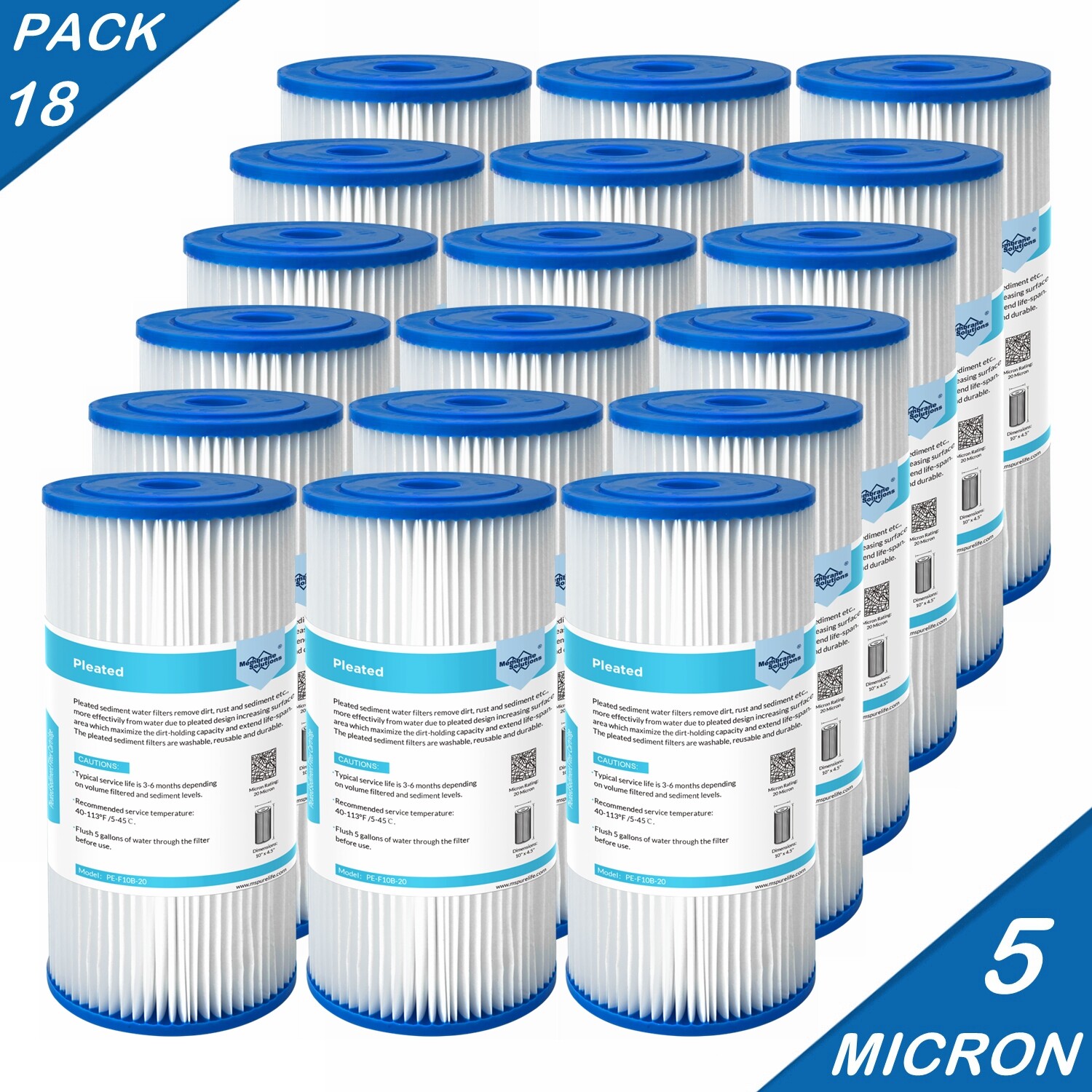 18-Pack 10"x4.5" Whole House Pleated Sediment Water Filter for Big Blue 5-Micron