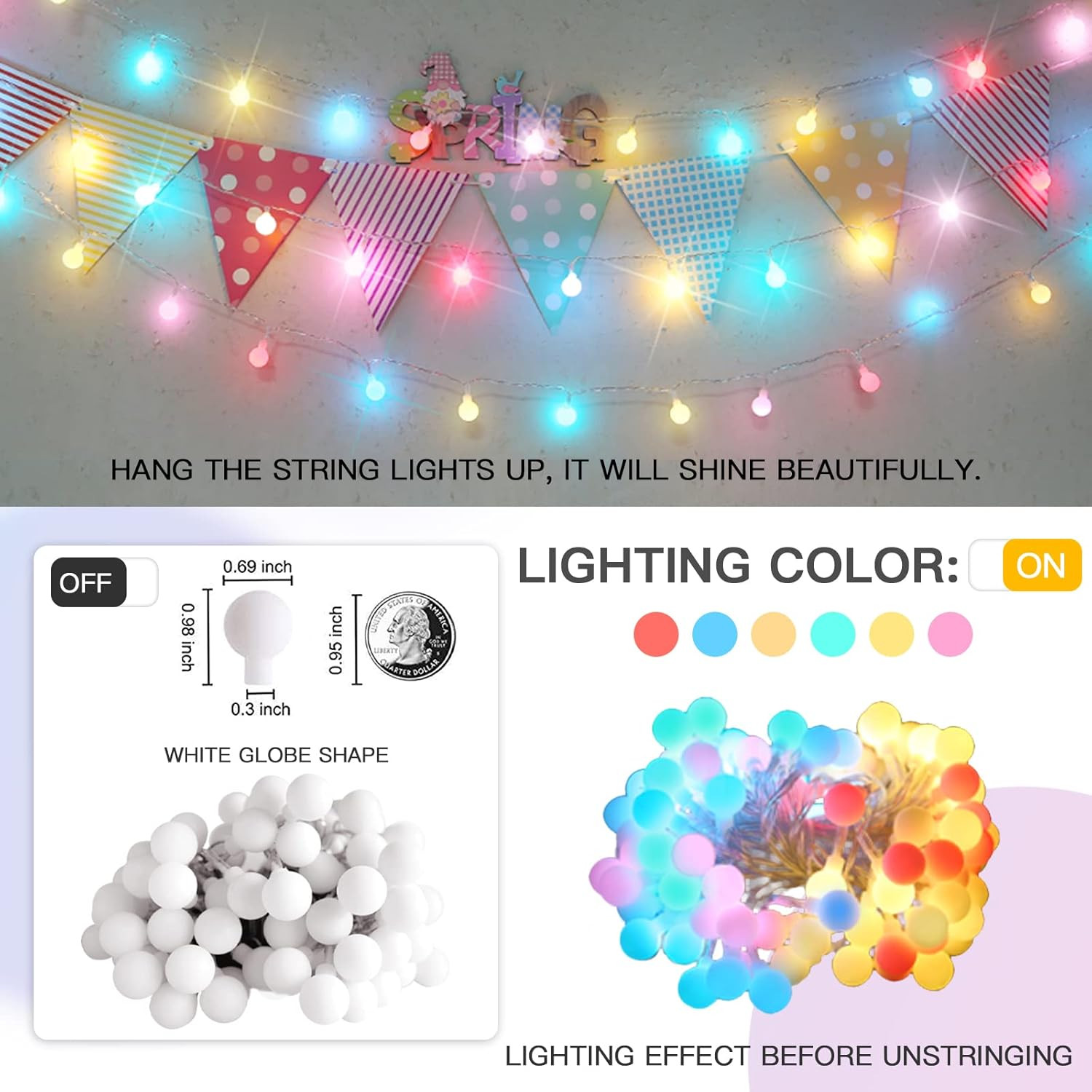 Easter Lights Plug In, 33Ft 100 Led USB Pastel String Lights with Timer, Globe S