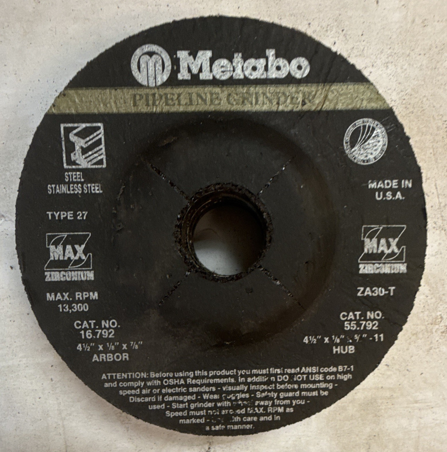 Metabo ZA30-T T27 Coarse Zirconium Grinding Wheel 4-1/2in x 1/8in Lot of 5