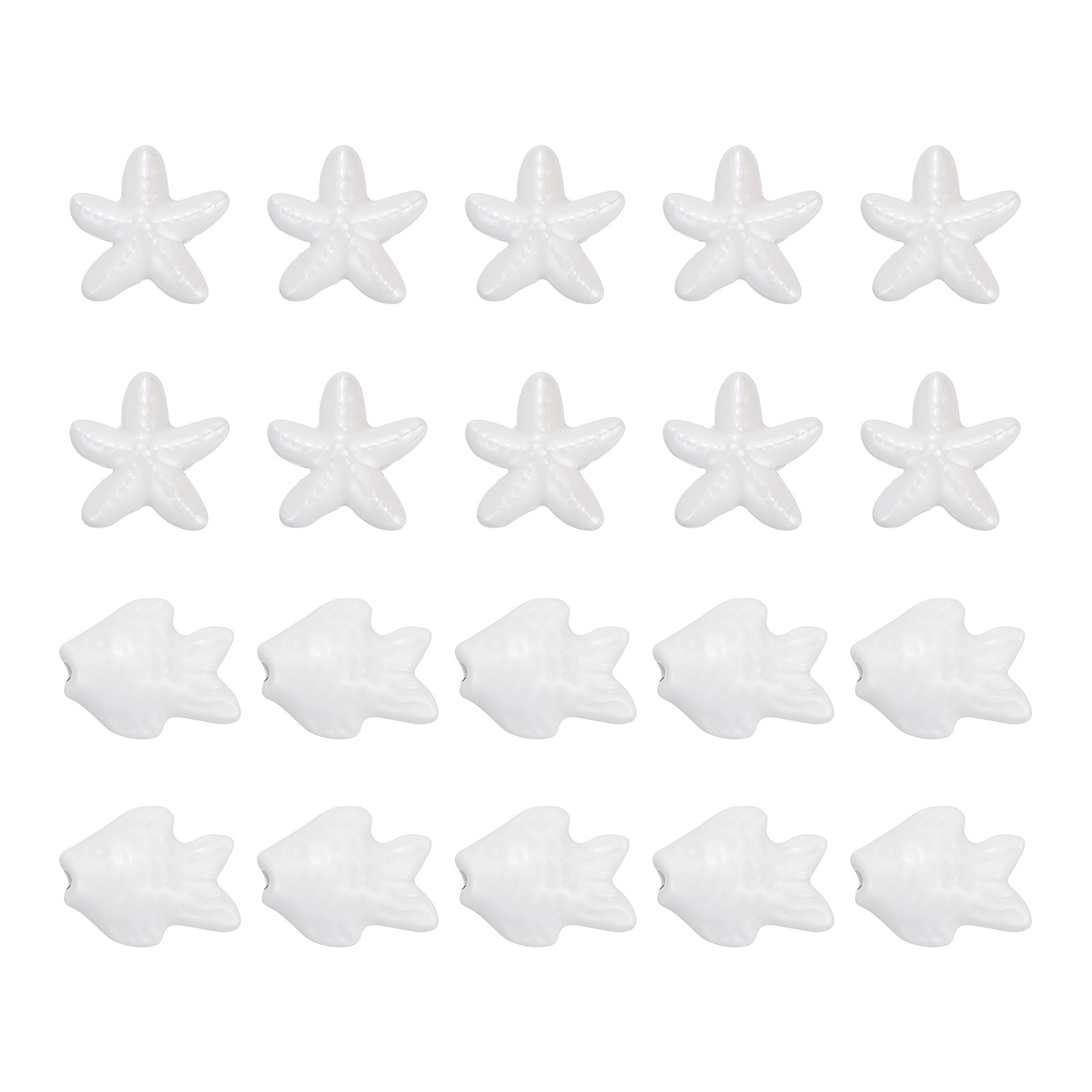 20 Pcs Fish Starfish Porcelain Beads, 8 mm Ceramic Handmade Beads, White