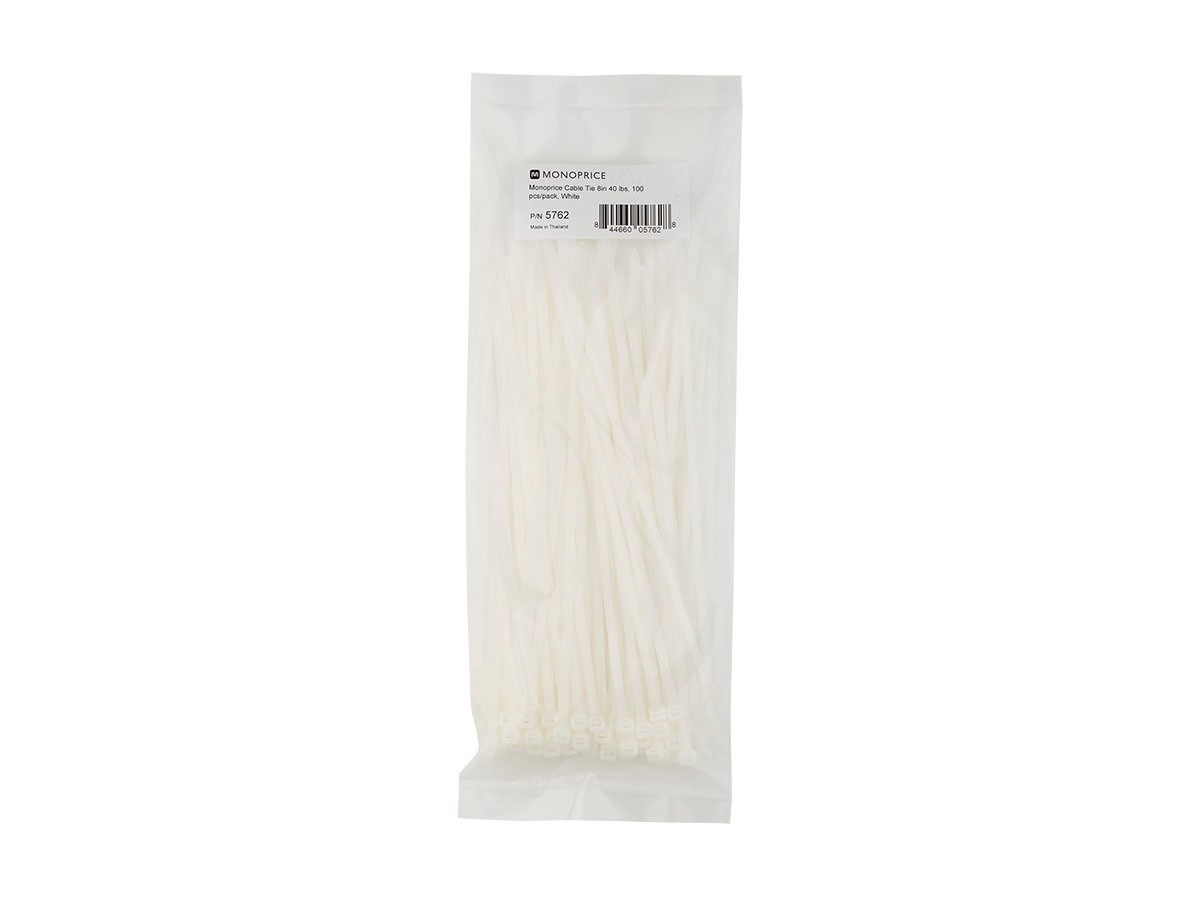 Monoprice Cable Tie 8in 40 lbs, 100 pcs/pack, White