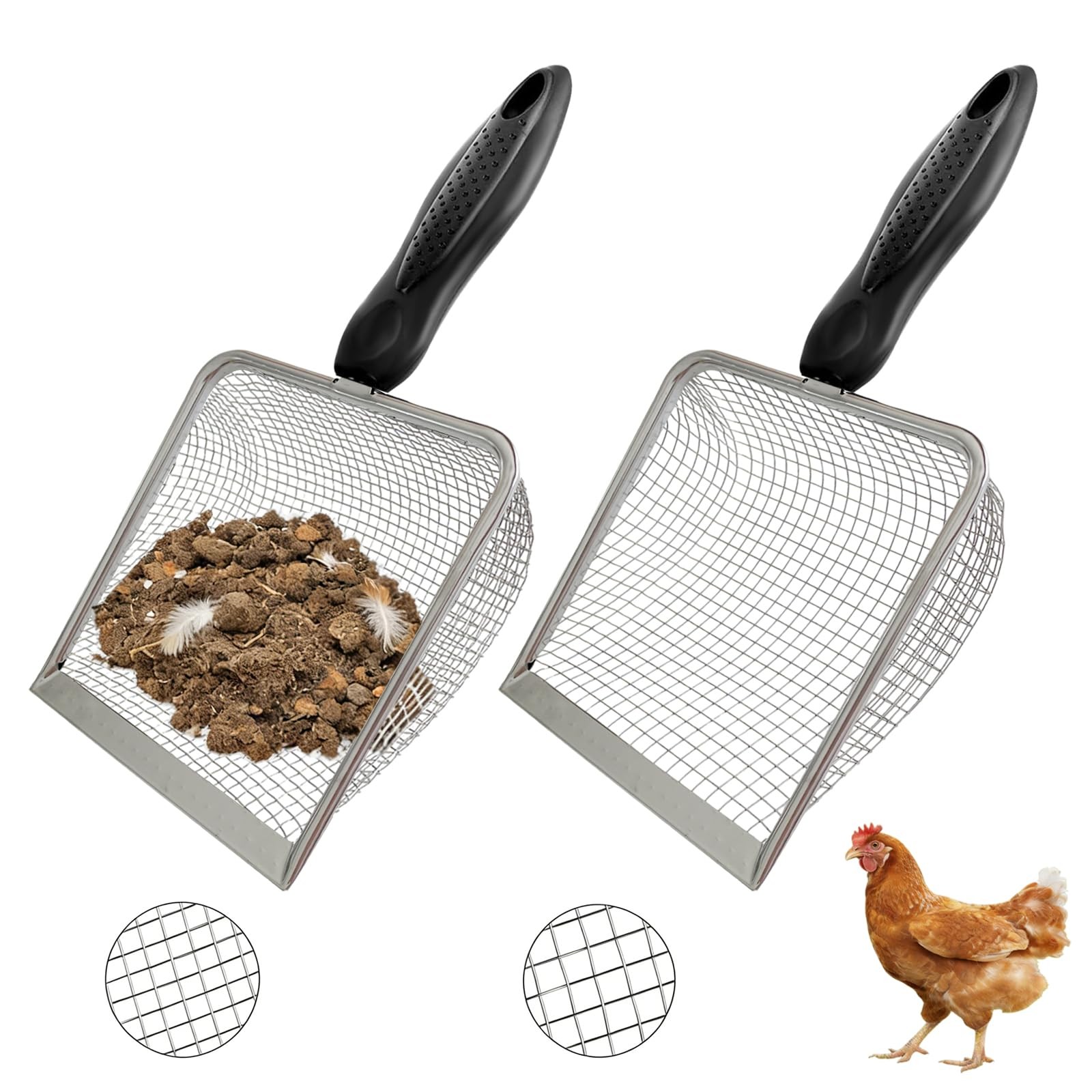 2 Pack Chicken Coop Poop Scooper, Mesh Shovel, 3.8mm & 5mm Holes, 5.5"