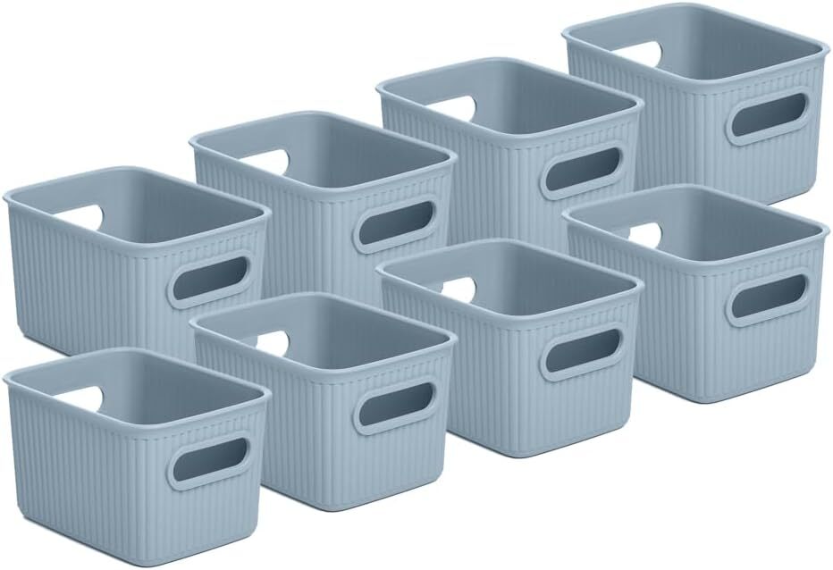 Superio 1.5 L Mini Ribbed Storage Bin- Plastic Storage Basket (Blue, 8 Pack)