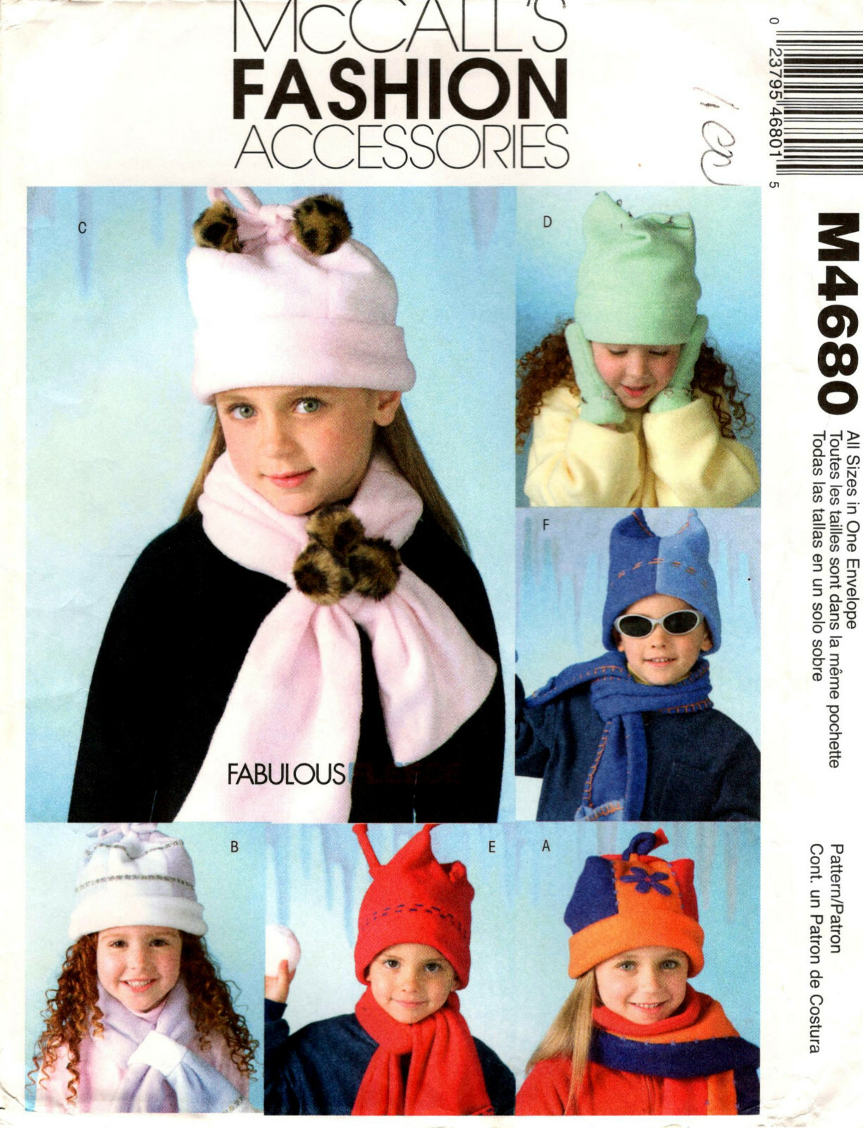 McCalls M4680 Childrens Fleece Hats Scarves Mittens Sewing Pattern Uncut