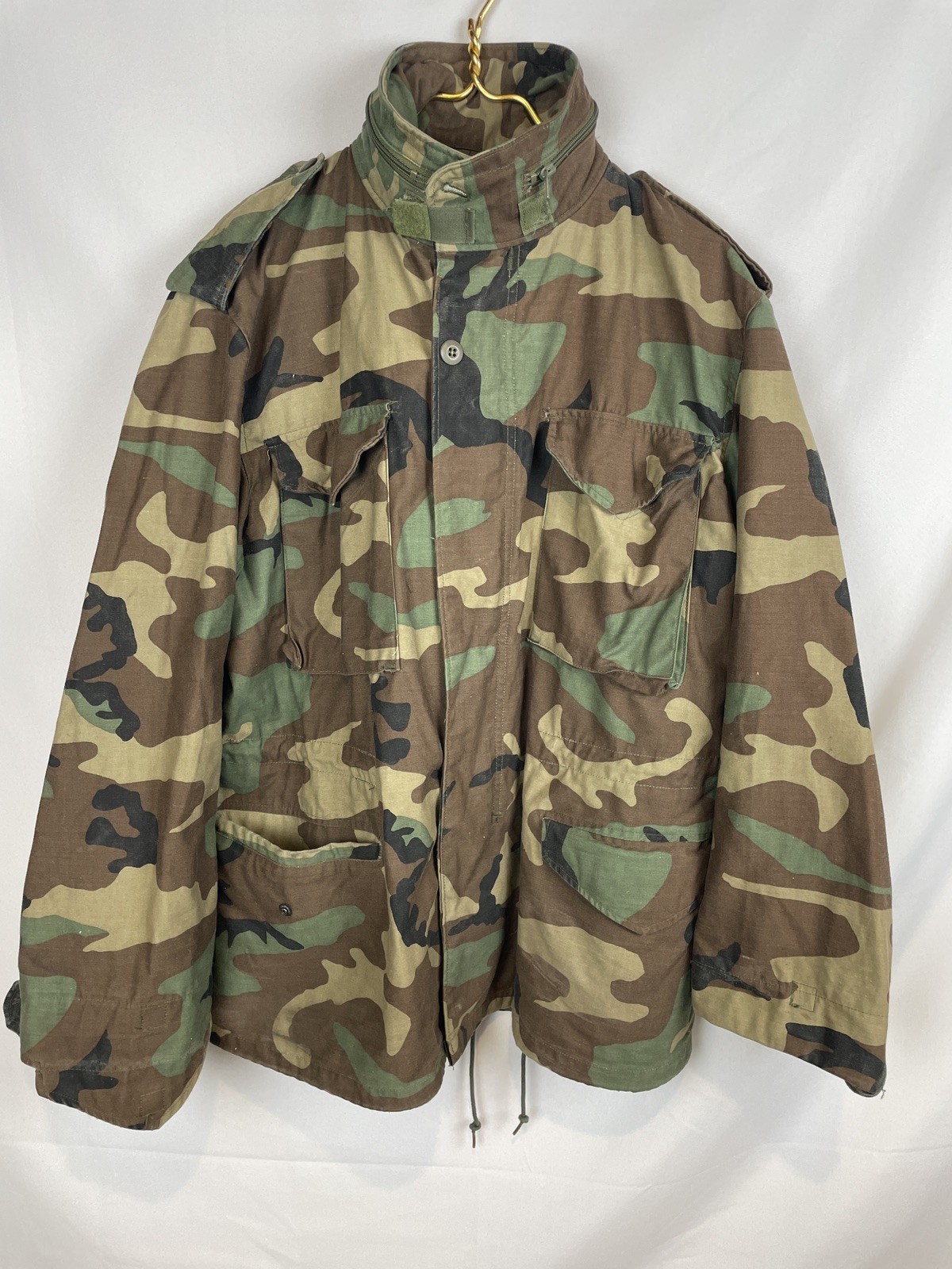 Vintage USA Military M65 Cold Weather Field Coat MED Woodland Camo Hood 80s 90s