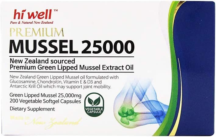Hi well New Zealand Green Lipped Mussel Oil 25000 mg 200 Capsules Joint Support