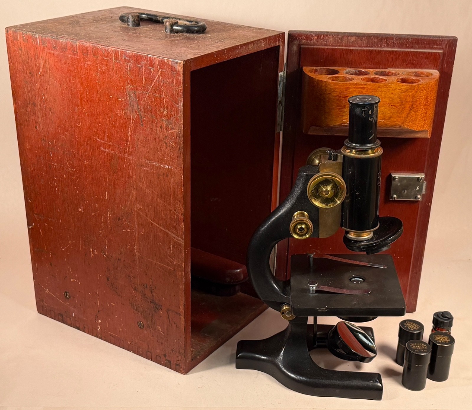 Spence Microscope 60842, with Wood Case & Lenses. Buffalo New York