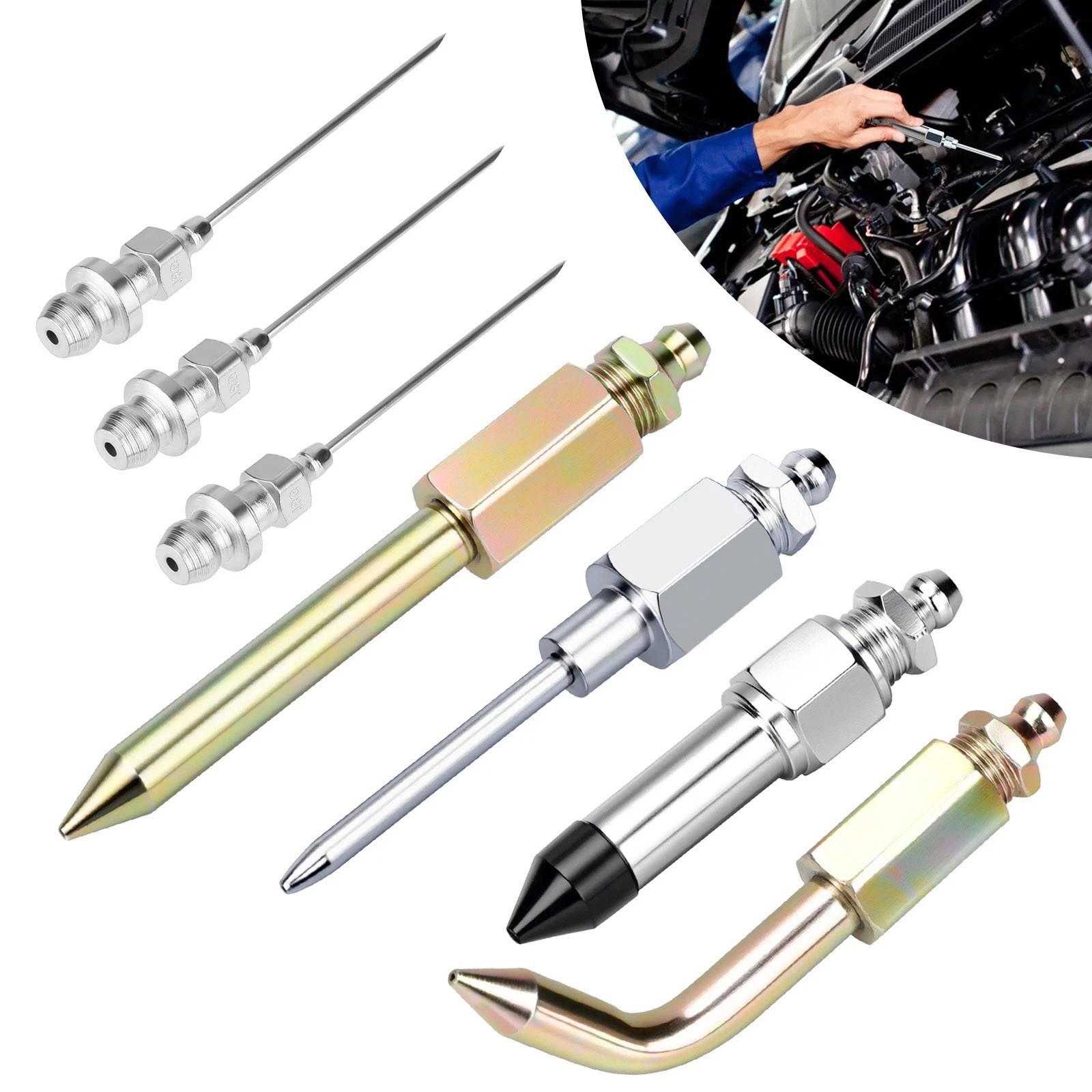 7pcs Grease Needle Tip Kit with Dispenser Rubber Nozzle for Tight Space Access