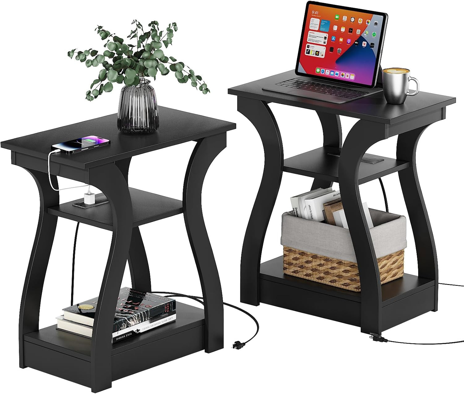 End Tables Living Room Set of 2 with Charging Station, Black | Side Tables Livin