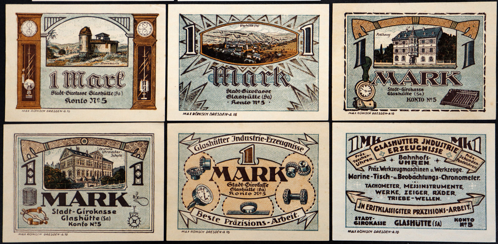 GLASHÜTTE 1921 "Clocks/Precision Industries" RARE Complete 18-note Set Notgeld