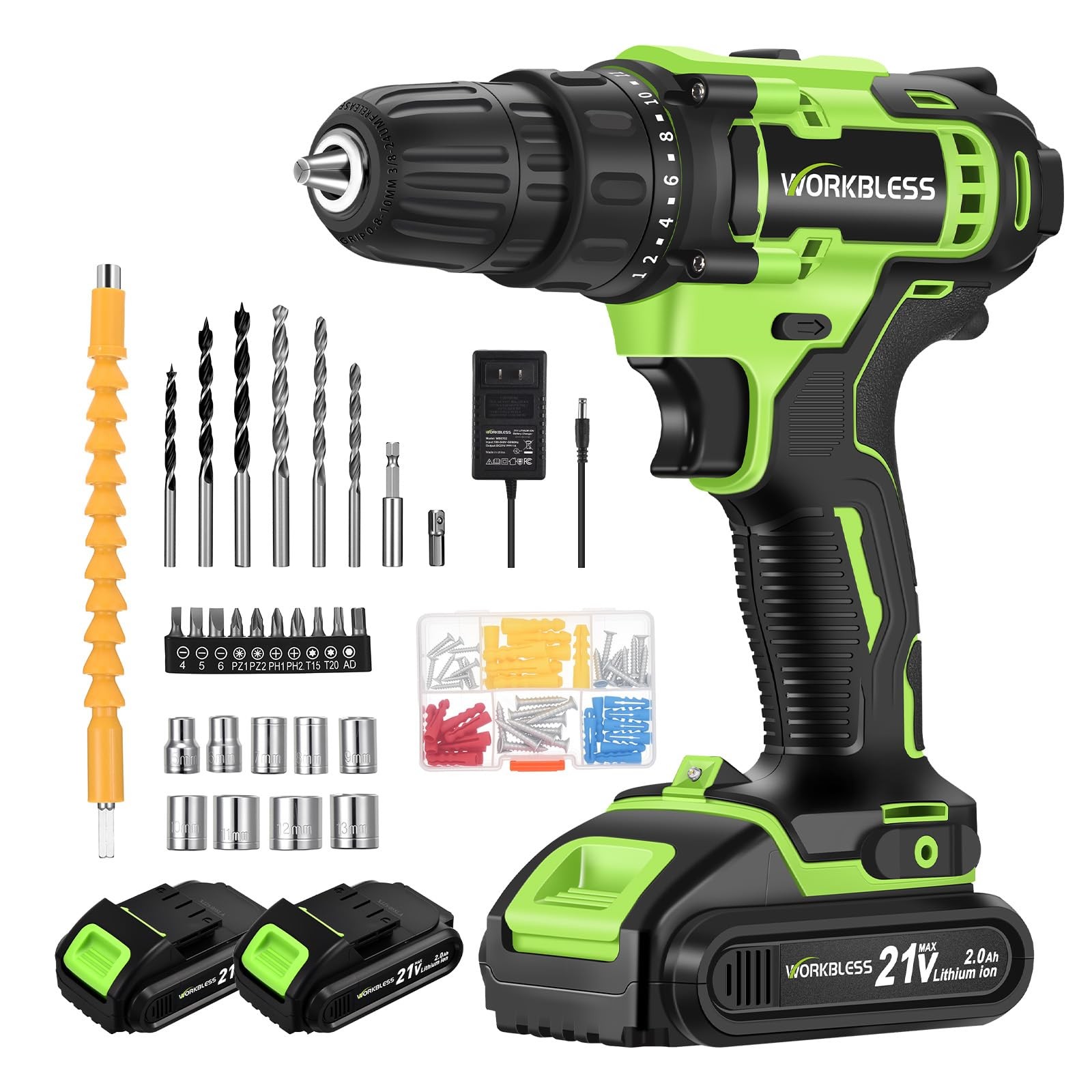 Cordless Drill Set 21V 354in-lbs Torque, 3/8'' Keyless Chuck - 2 Batteries