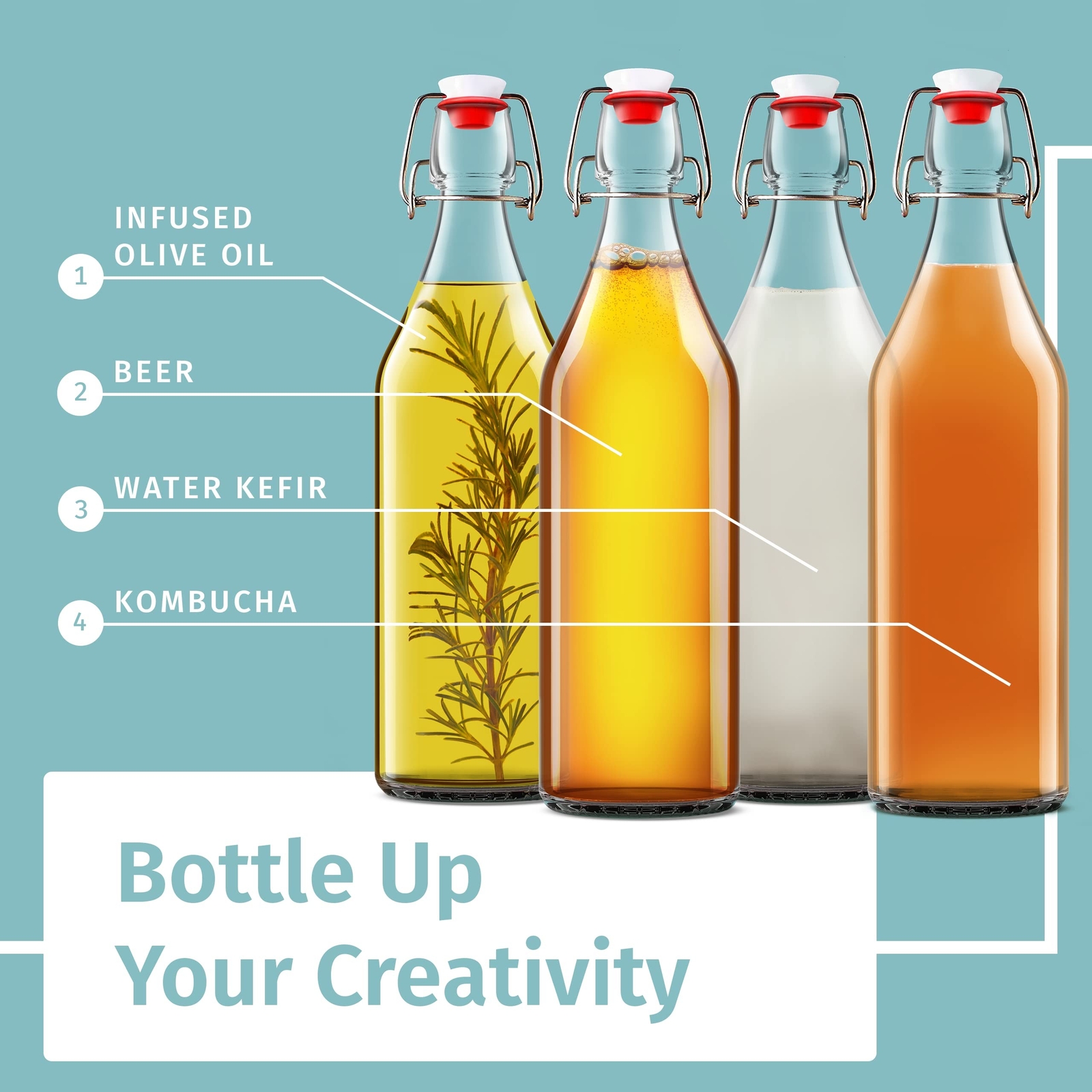 Otis Classic Swing Top Glass Bottles - Set of 6, 16oz w/Marker & Labels - Cle...