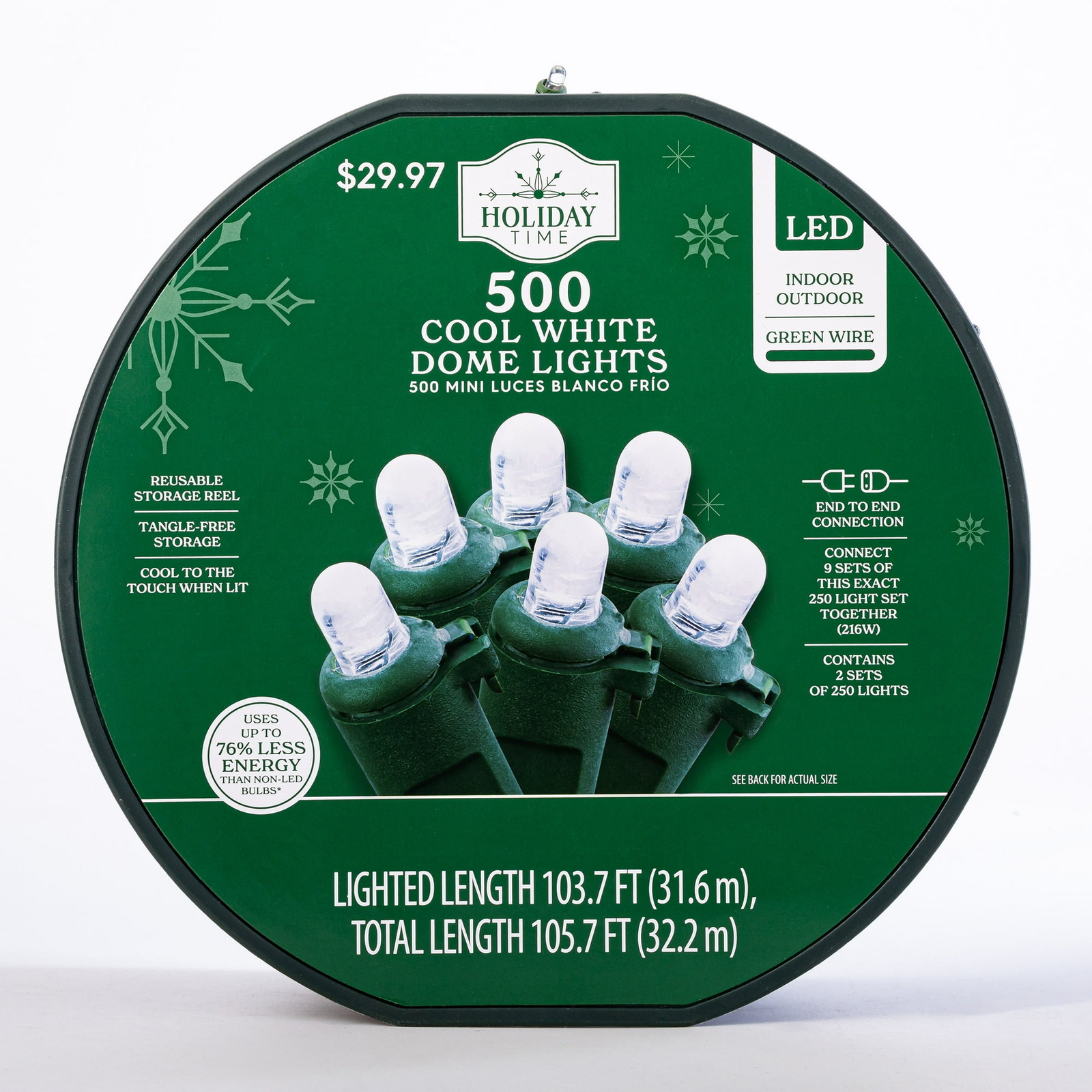 Holiday Time 500-Count Cool White LED Dome String Lights with Green Wire