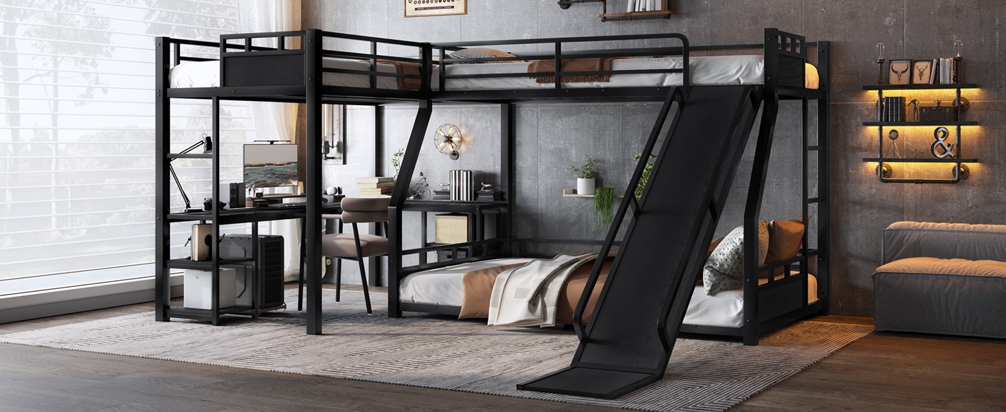 L-Shaped Metal Triple Bunk Bed Twin over Full Bunk Bed with Twin Size Loft Bed