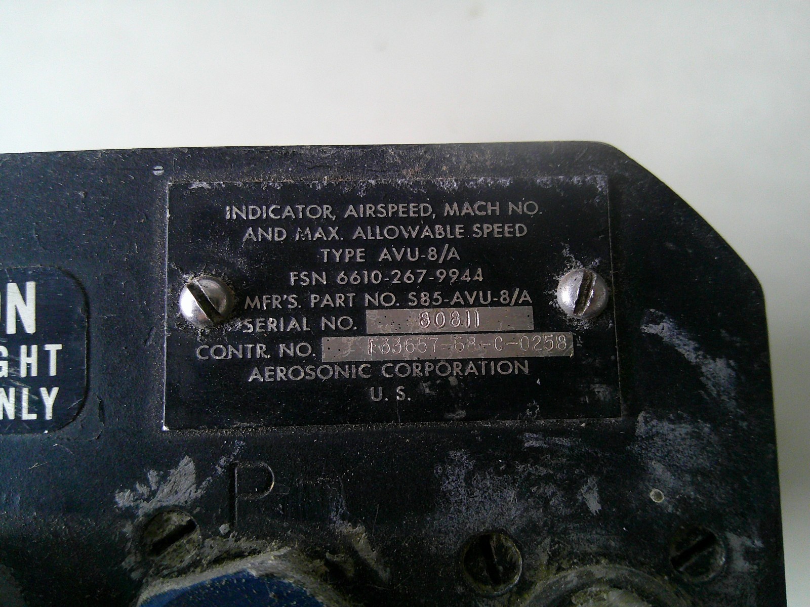 AEROSONIC MACH AIRSPEED INDICATOR AVU-8/A