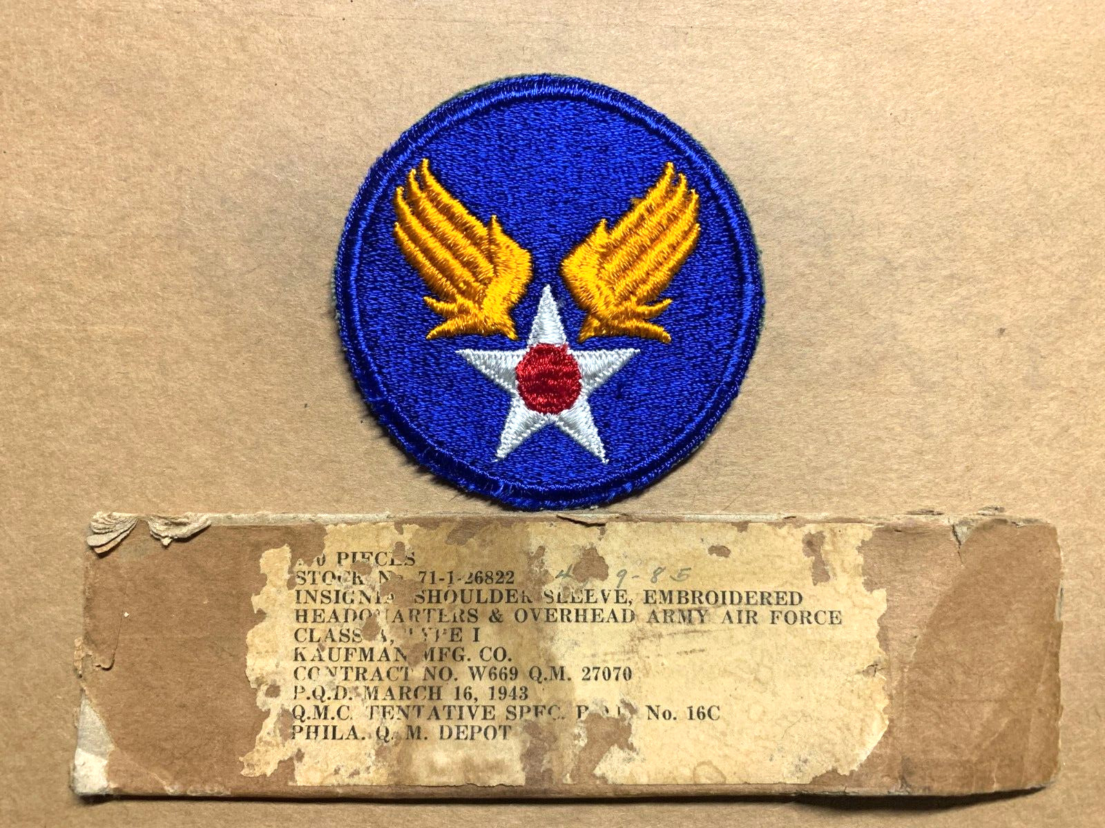 WW2 WWII U.S. Army Air Forces military patch by Kaufman Mfg Co. 3/16/1943 NOS!