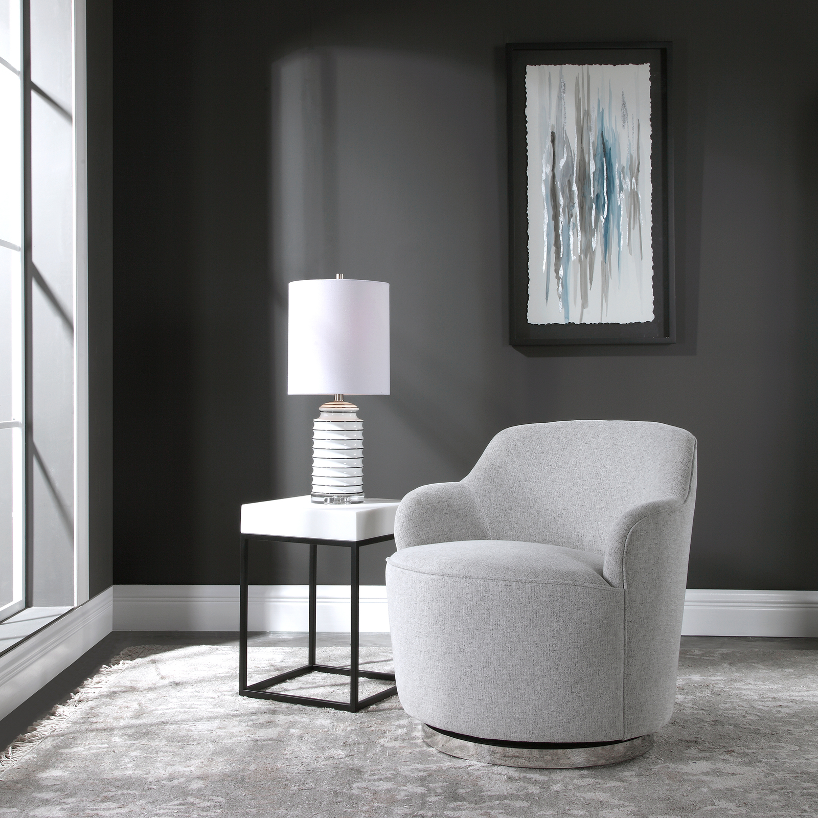 Elegant Soft Gray Swivel Accent Chair Round Barrel Minimalist Silver Spinning