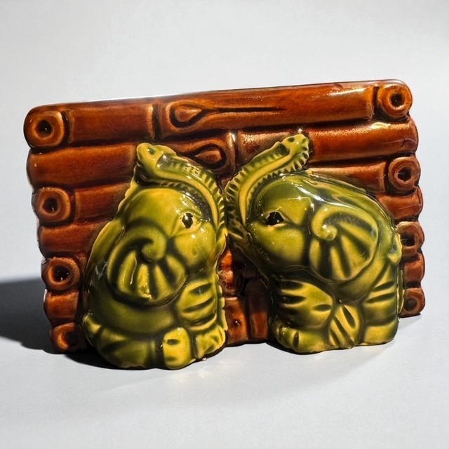 Ceramic BAMBOO and ELEPHANTS Planter Trunks Up for Luck
