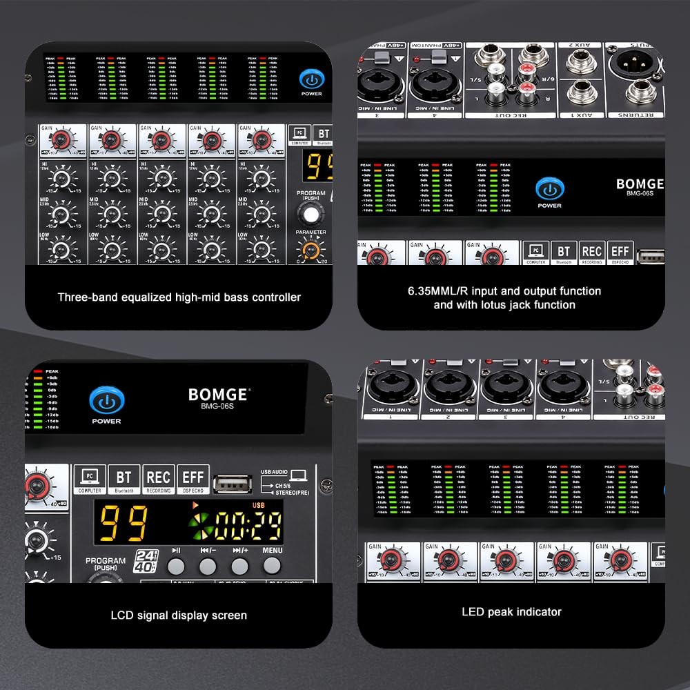 6Channel Audio Mixer with 99 DSP Effects, Bluetooth, USB, and Phantom Power