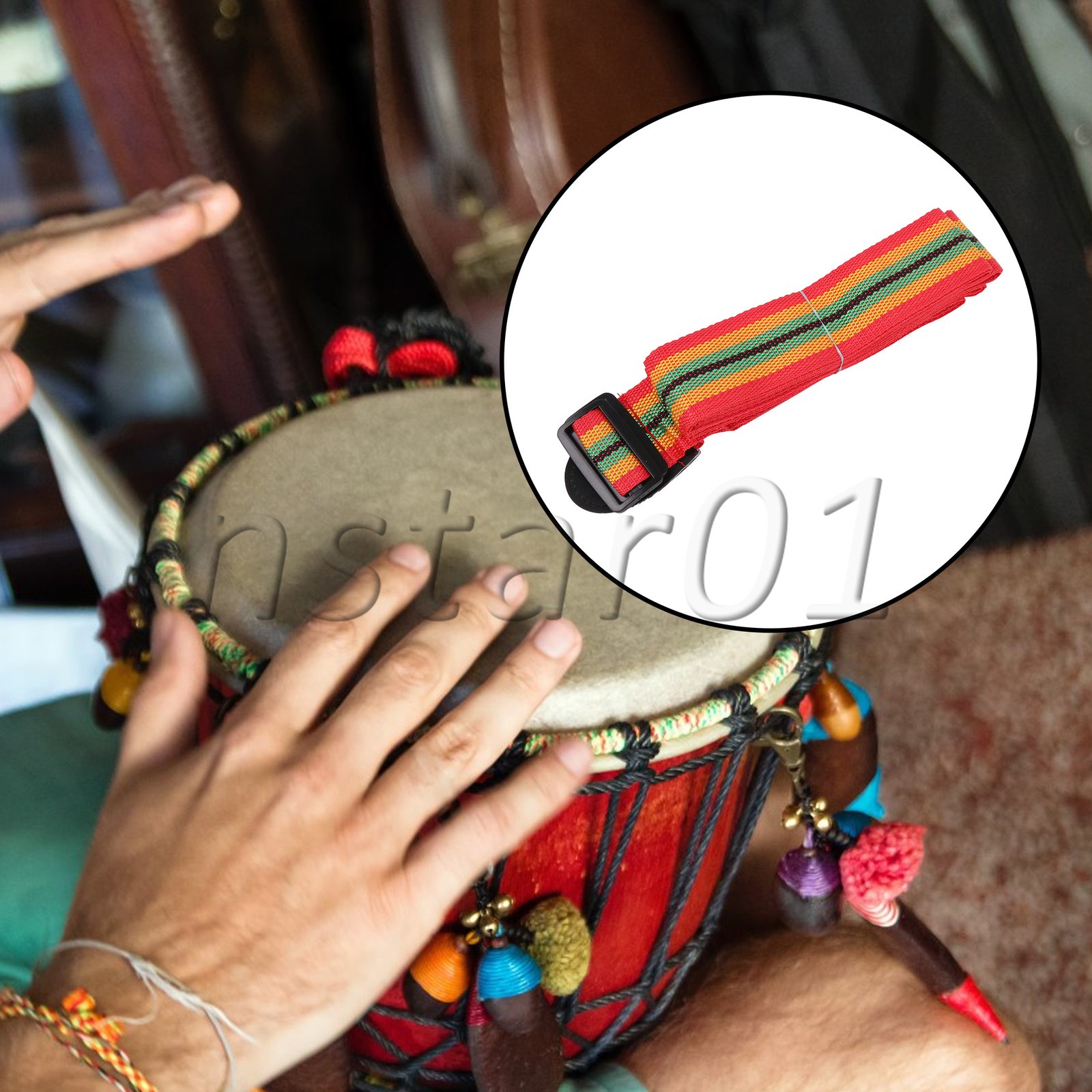African Hand Drum Belt for Stage Performance 126inch x 1.9inch Red Yellow Green