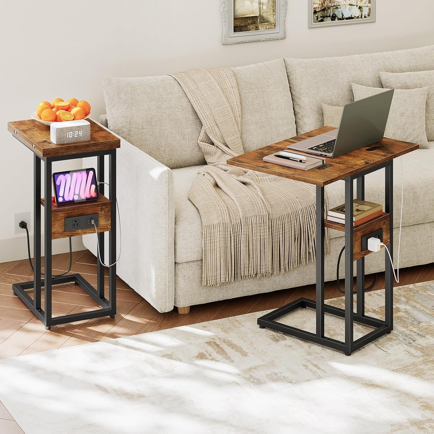 Multi-Functional Rustic C-Shaped Table with Charging Station for Modern Living