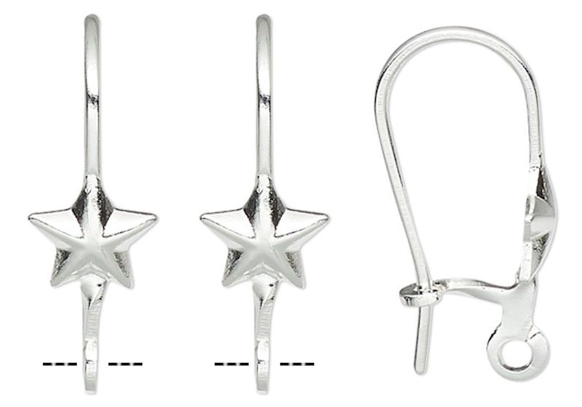 Ear Wire, 10 Silver Plated Brass STAR  18mm Kidney with Open Loop Earrings