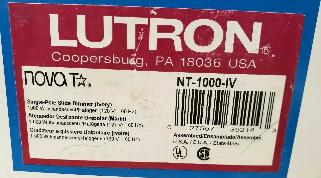 Lutron NT-1000-IV Single Pole Slide Dimmer (Ivory)  1000W  120V 60Hz 1Z-1562-F10