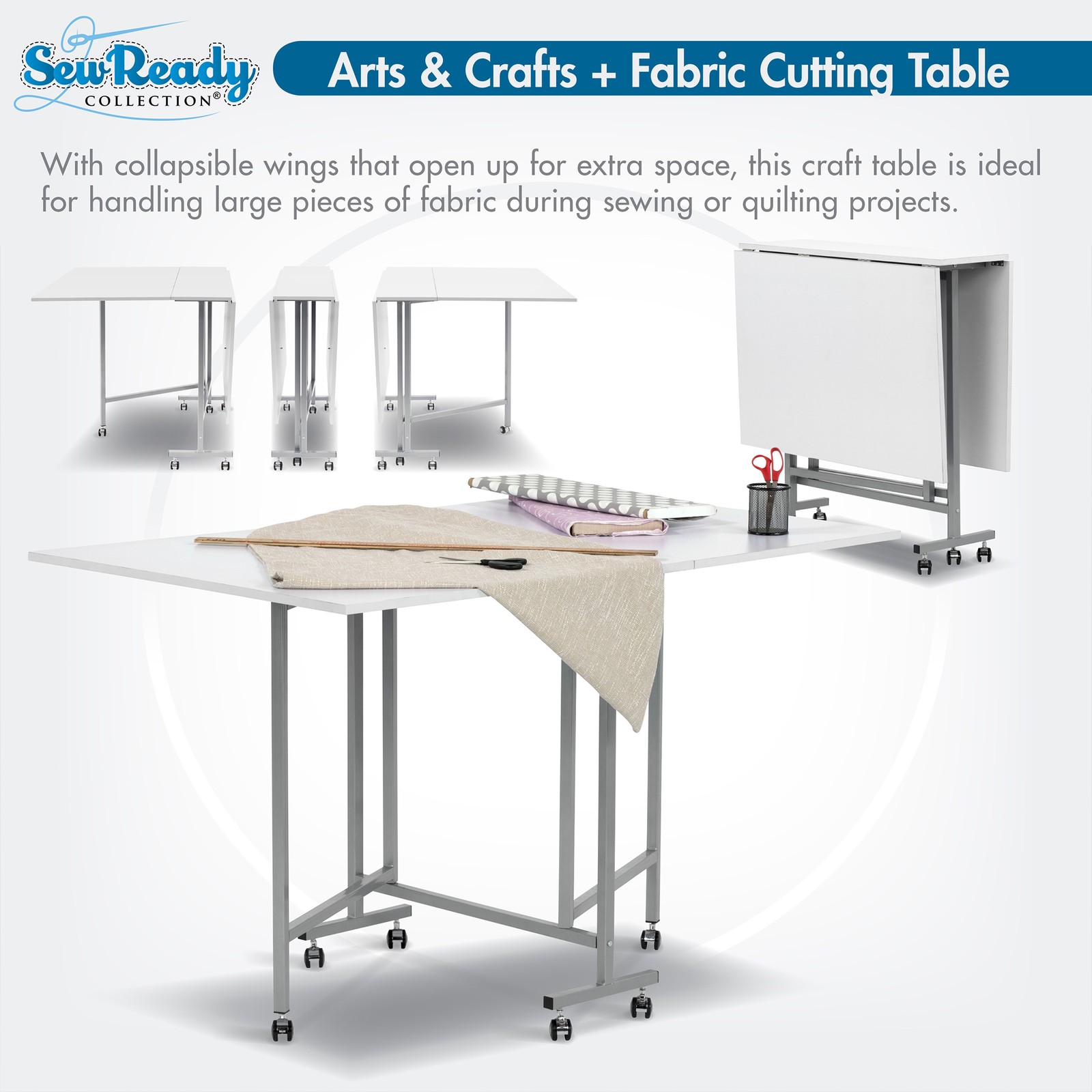 Sew Ready Folding Craft and Cutting Standing Table with Wheels, Silver/White