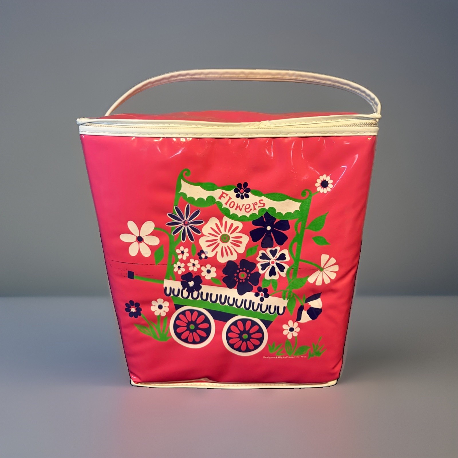 PINK Vtg Flower Power 1960s Insulated Cooler Picnic Soft Side Zipper Bag CLEAN