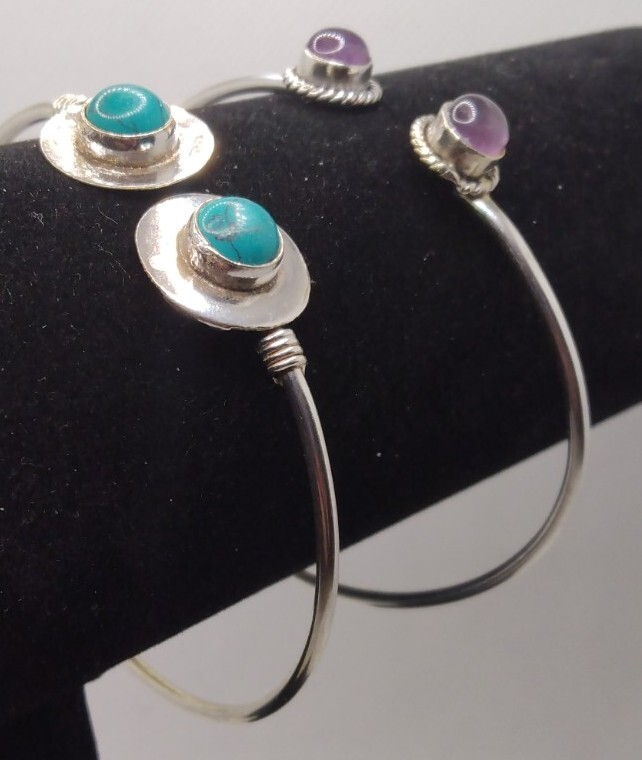 Amethyst And Turquoise Alpaca Bangle Bracelets (2) Sz 7"- 8.5"