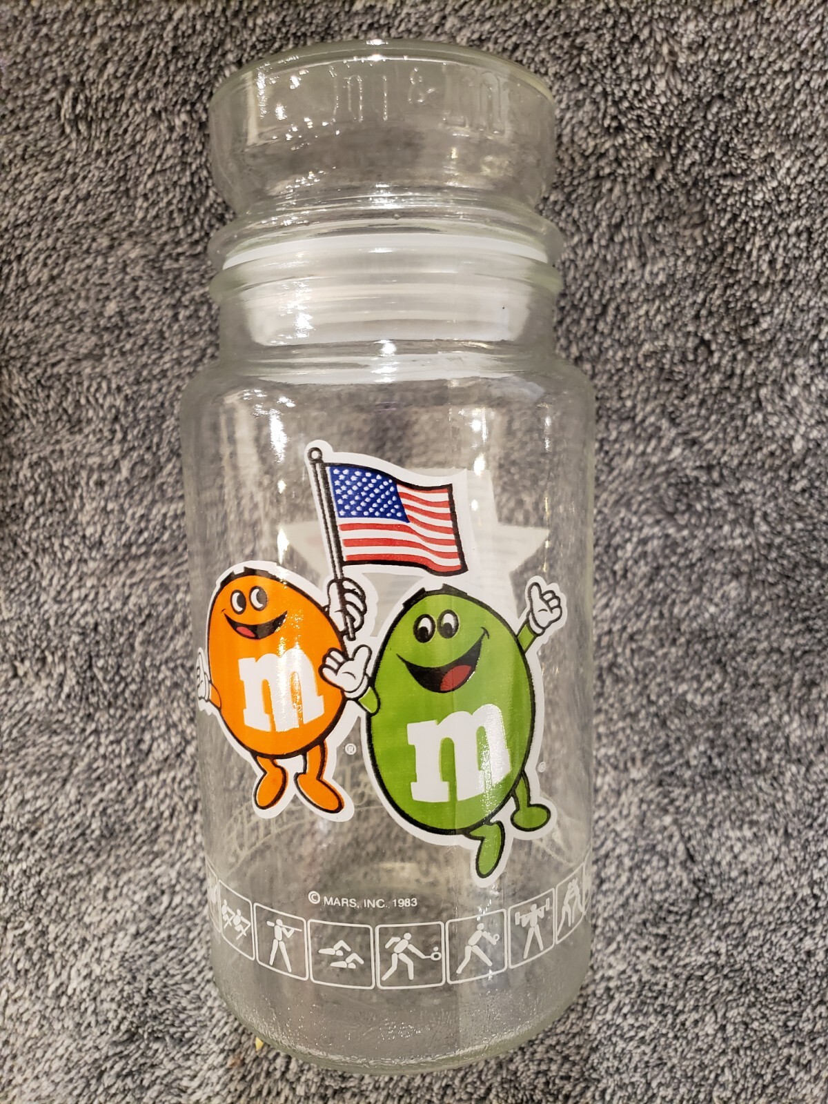 M&M’s XXIII LA Olympic Collectible Glass Candy Jar Mars with lid Vintage 1983