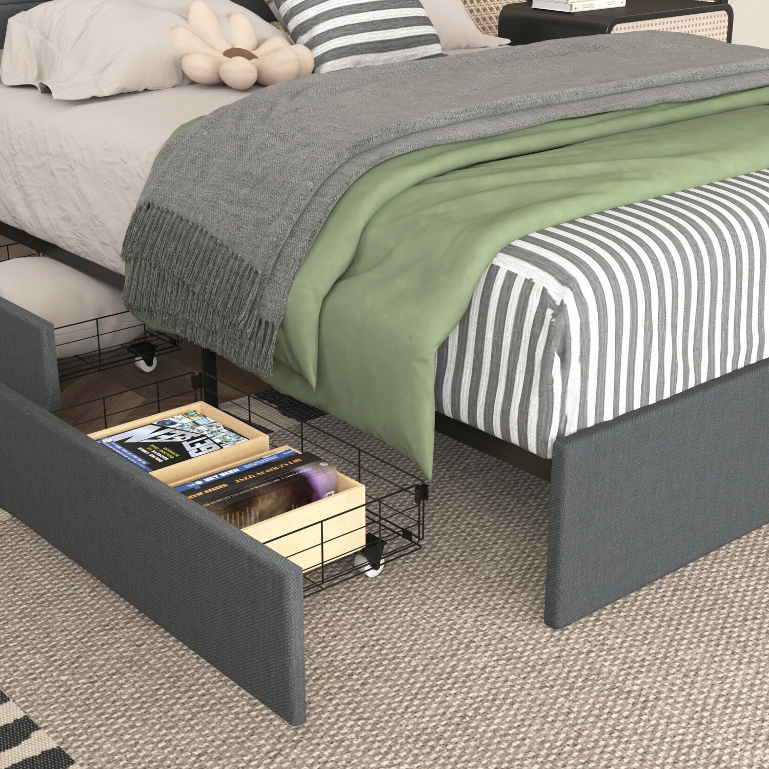Full/Queen Size LED Bed Frame Upholstered Platform Bed w/ 4 Drawers & Headboard