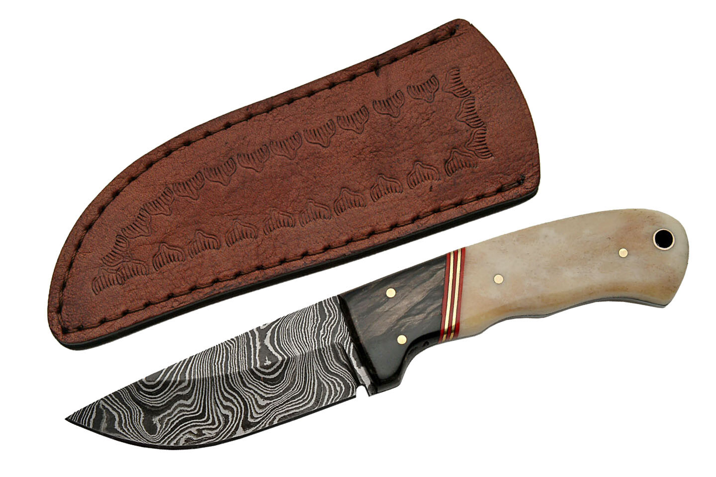 Hunting Knife | Damascus Steel 3.5" Blade Bone/Horn Handle Skinner + Sheath