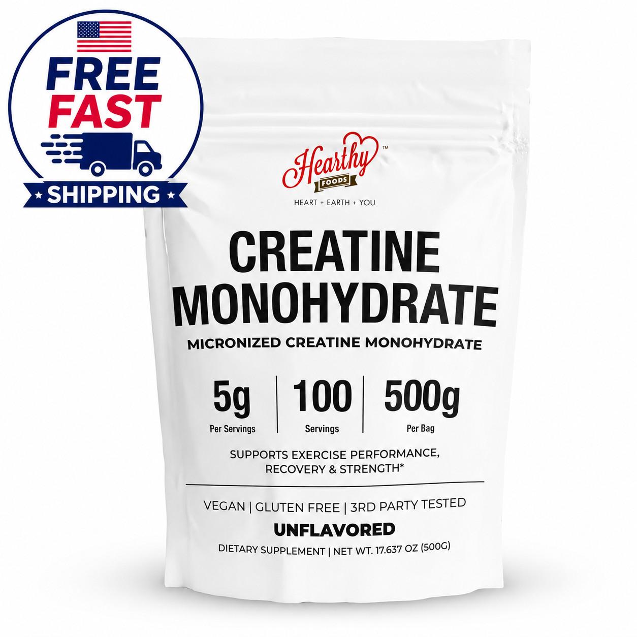 HEARTHY FOODS Creatine Monohydrate Micronized Powder 500G - 100 Servings, 5000mg
