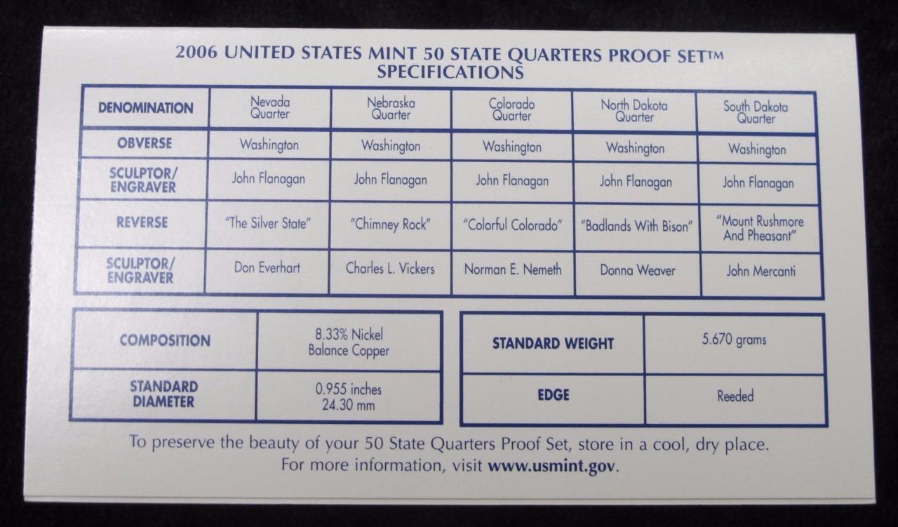 2006 Quarter Proof Set * 5 Quarters * Proof * With Box and COA *