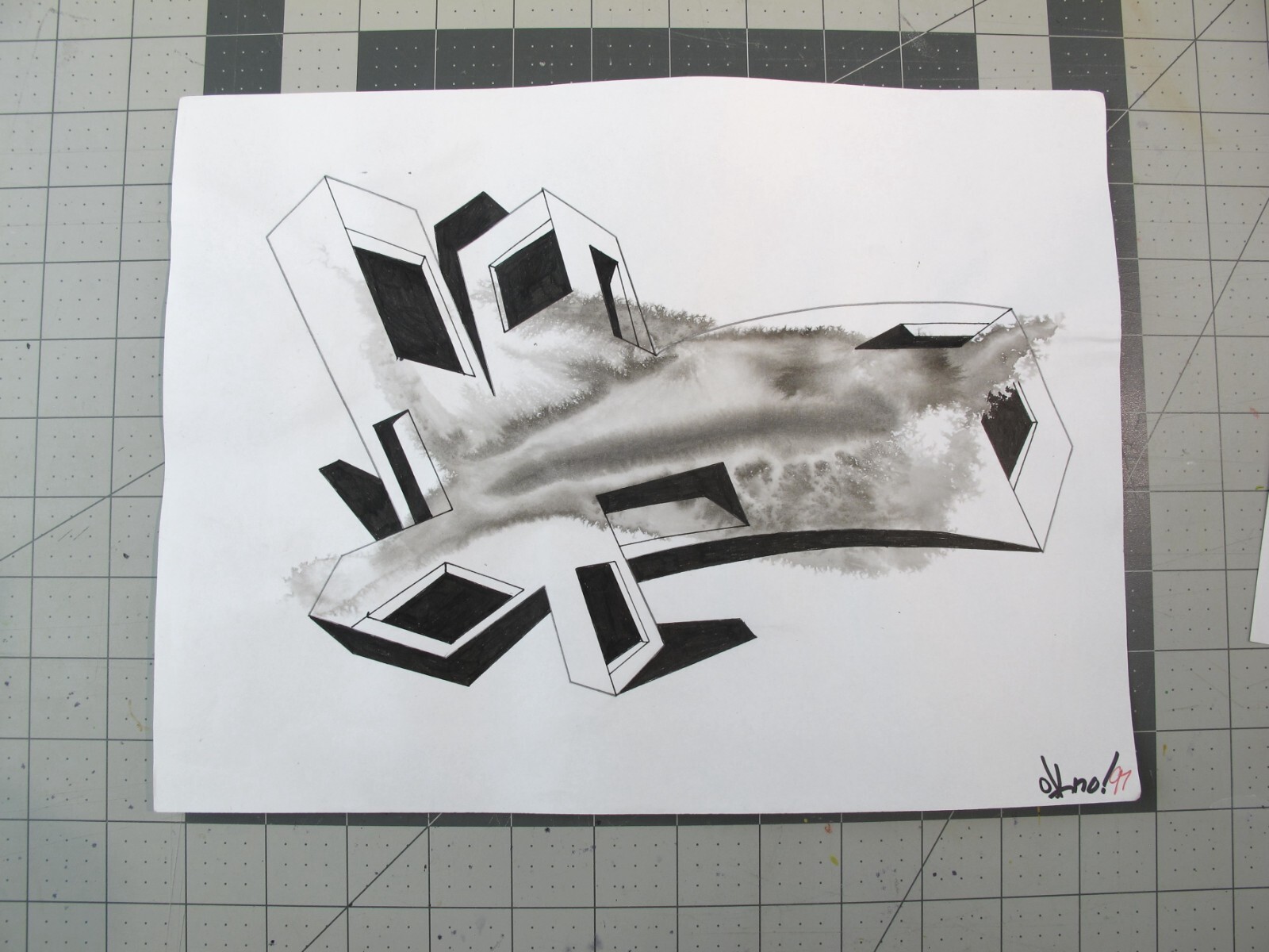 vtg 1990s hip hop graffiti Original art OKNO Ink on paper surrealist KNO1