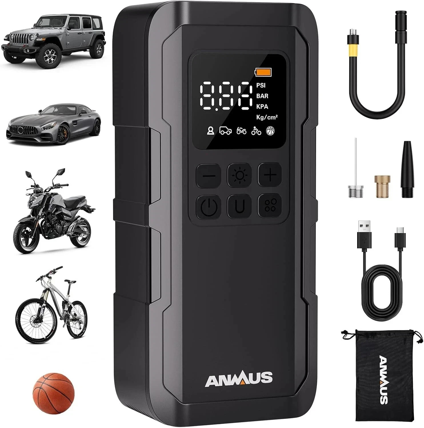 Pocket Air Car Tire Inflator Portable Air Compressor by Bullseye Pro, Rechargeab