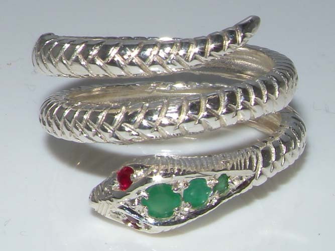 Fabulous Solid 925 Sterling Silver Natural Emerald & Ruby Detailed Snake Ring