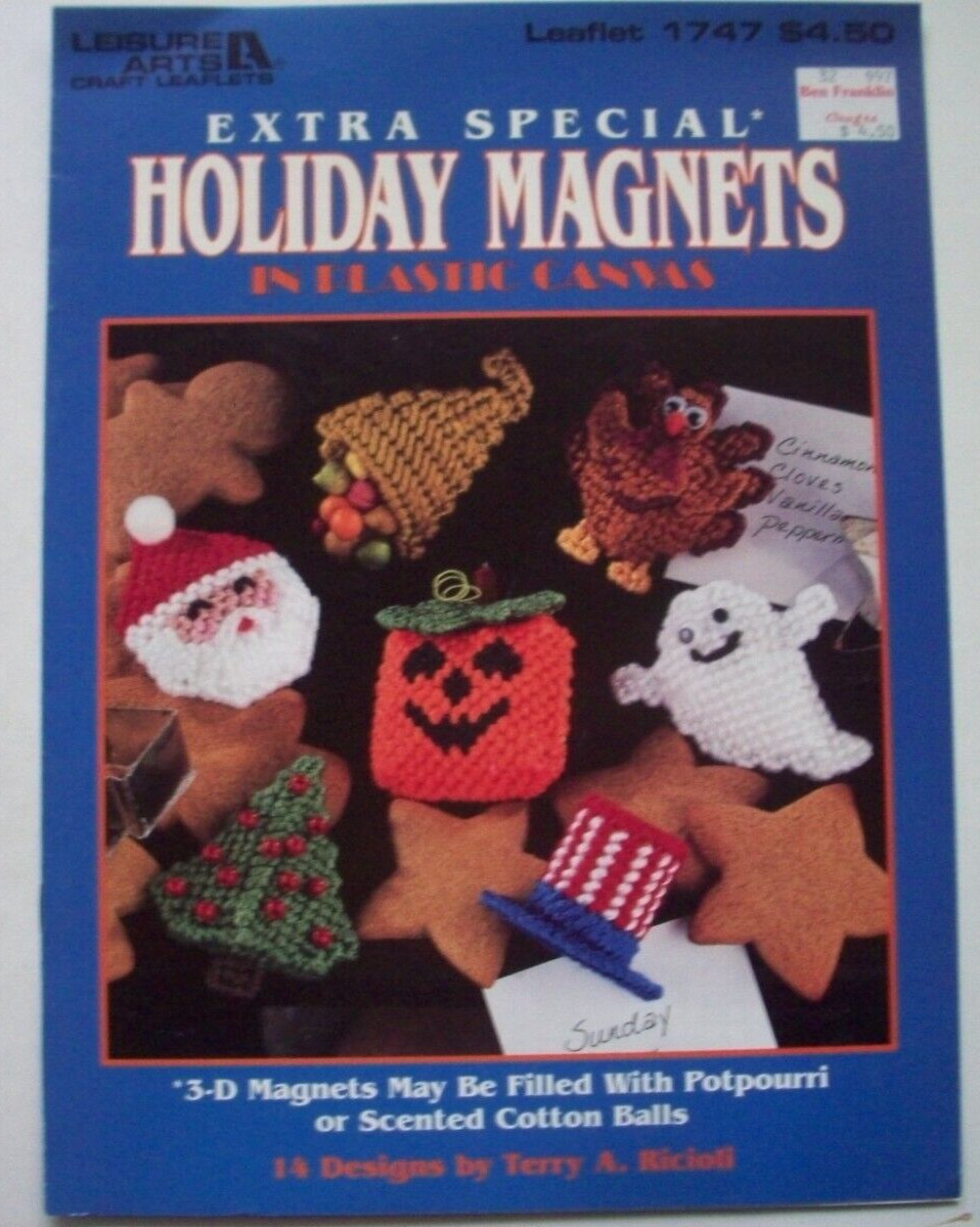 Extra Special Holiday magnets in Plastic canvas pattern Halloween Christmas