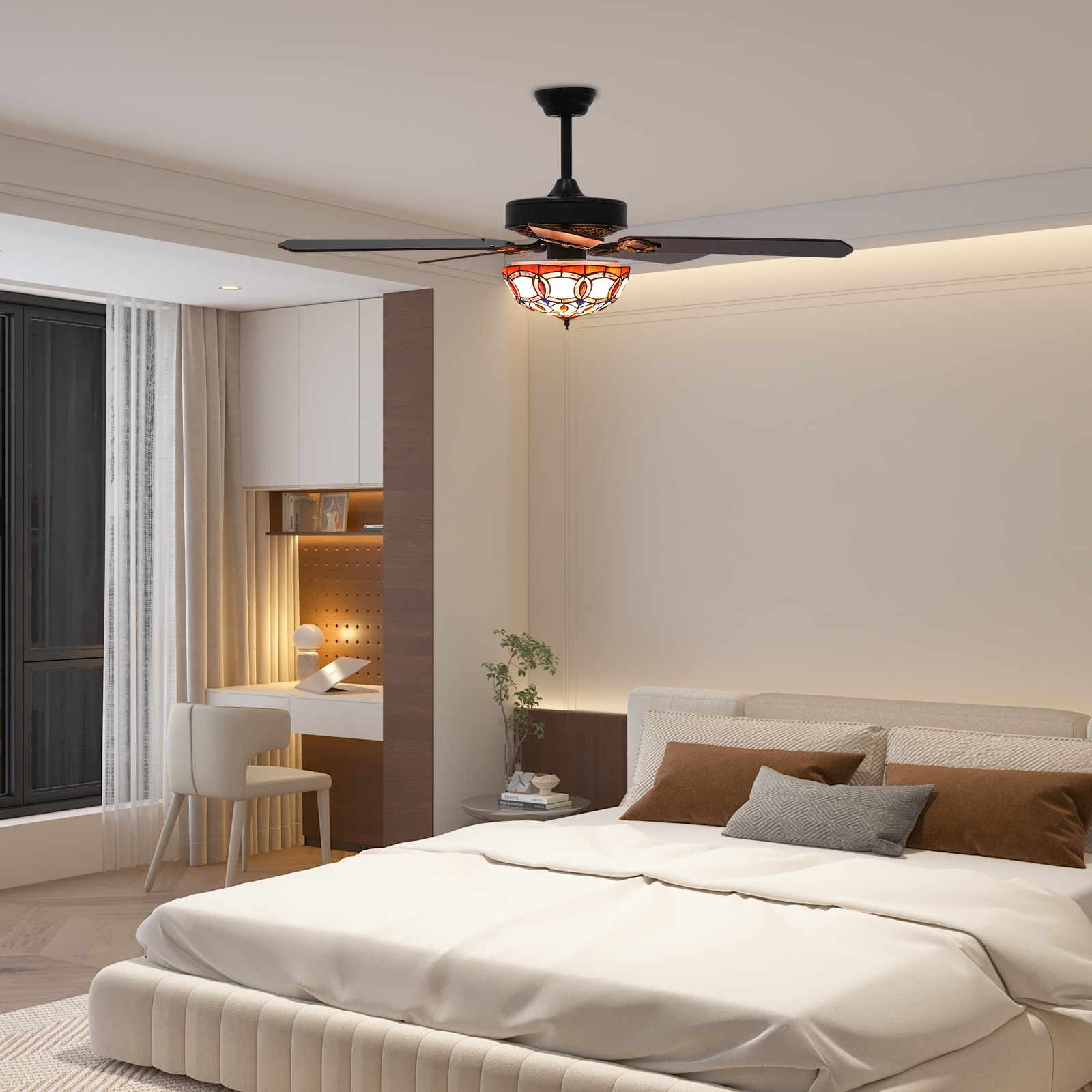 52'' Tiffany Ceiling Fan w/ 3 Lights w/ Remote Control Wooden Ceiling Fans Black
