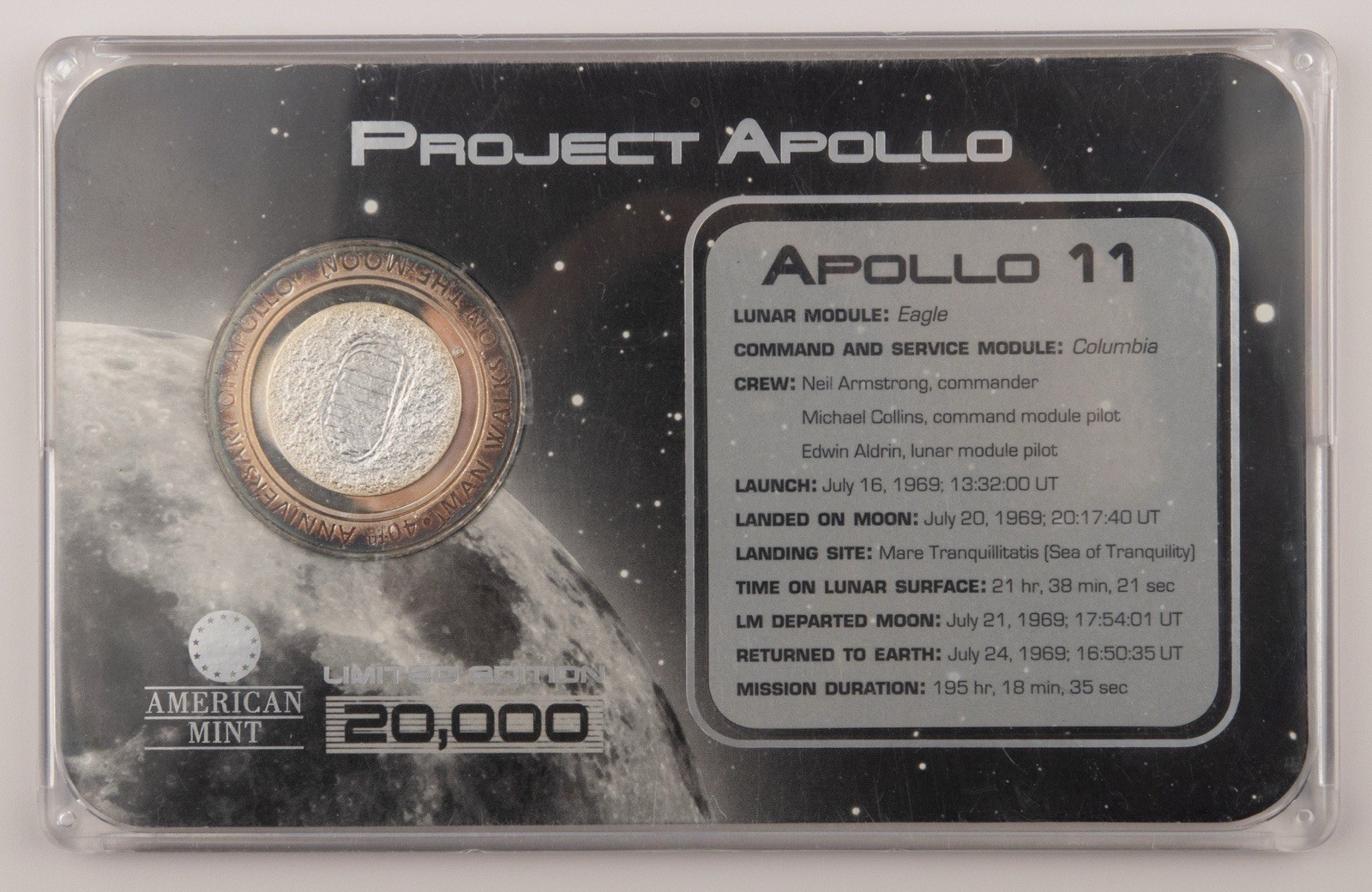 40th Anniversary Apollo 11 American Mint Project Silver Plated - 373b