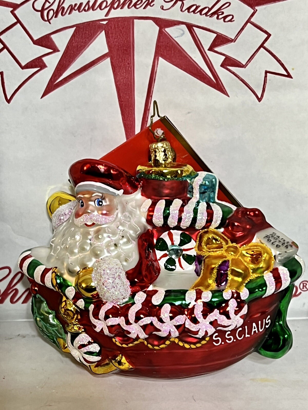 Christopher Radko S. S. CLAUS Santa In A Boat Ornament 2006 5” candy cane 4x4.5