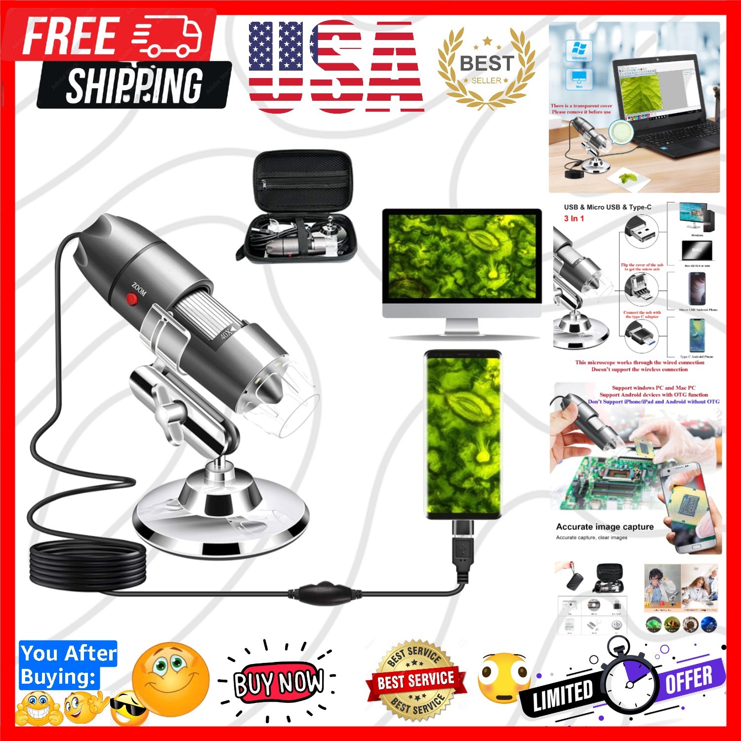 USB Microscope Camera with Stand & Carrying Case, Digital Microscope Compatib...