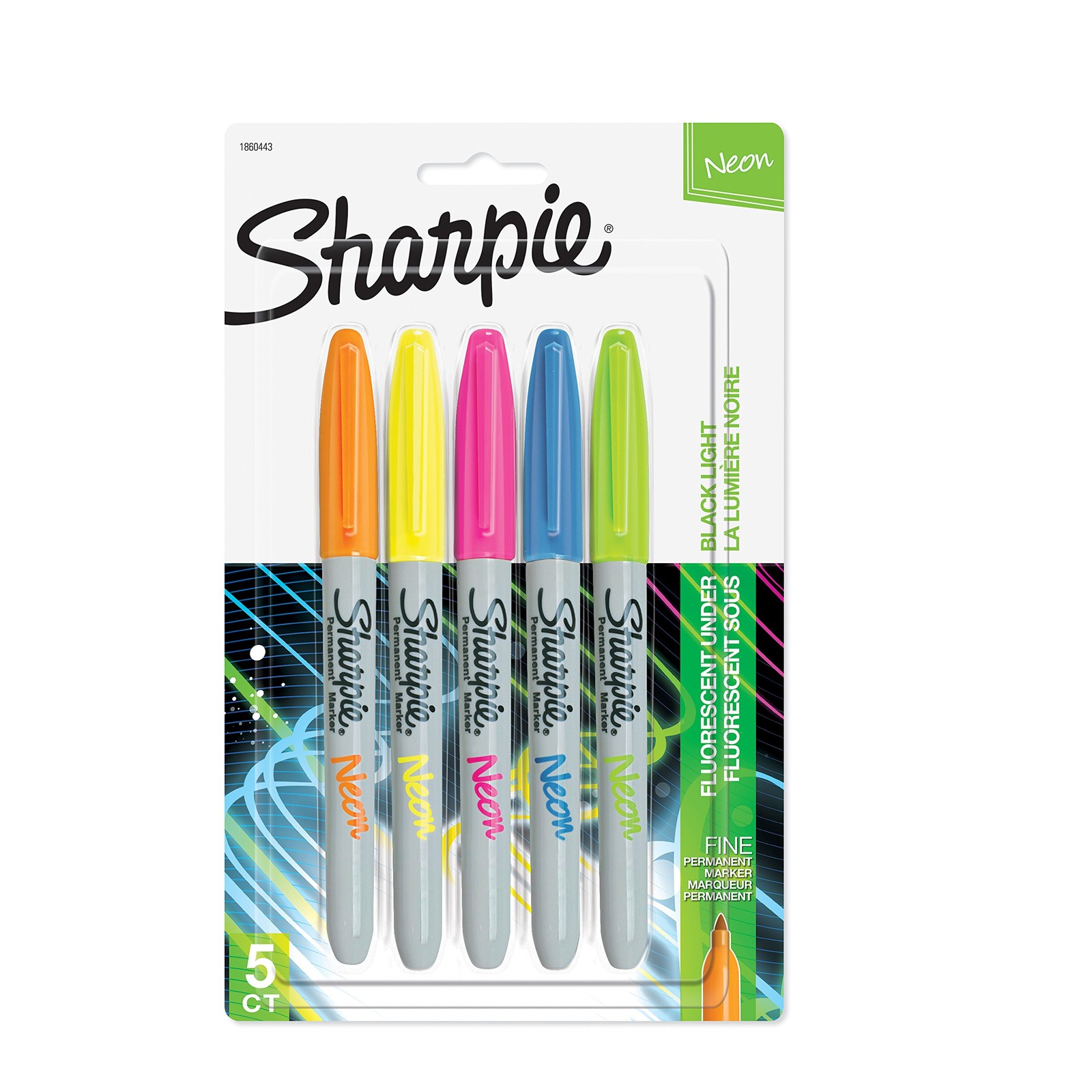 Sharpie 1874447 Neon Permanent Markers, Fine Point, Assorted Colors, 5