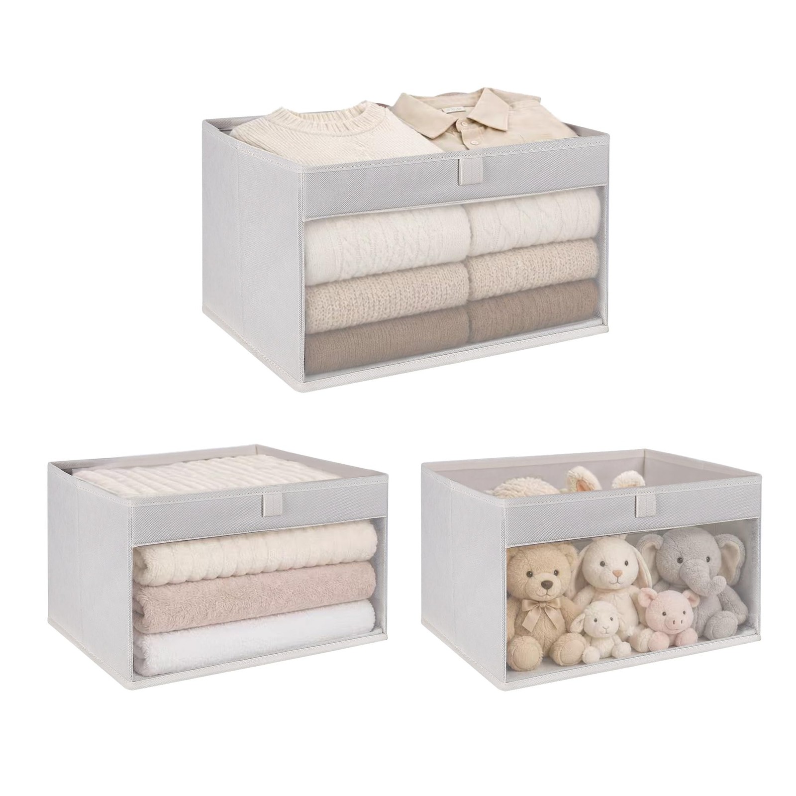 Closet Storage Bins, Fabric Organizer Baskets with Clear Window and Handles, ...