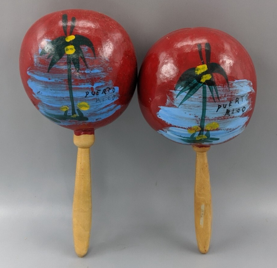 2 Vintage Hand Painted Puerto Reco Maracas Shakers  8 1/2" tall Souvenir