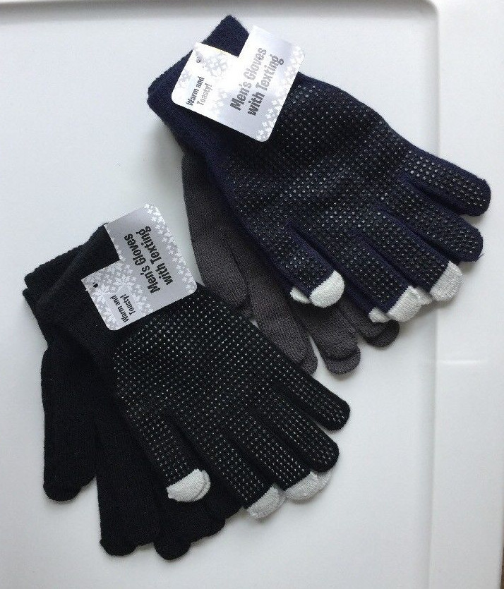 Mens One Size Texting Tips Gloves 2 Pair Pack Blue/Gray or Black/Black Acrylic